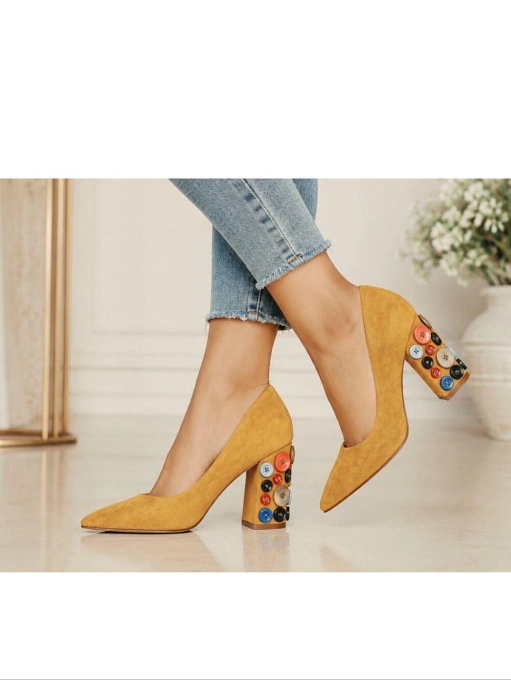 Mustard Button-Embellished Block Heel Pumps - Women